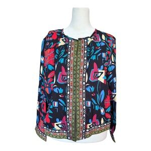 NWOT Boho Artsy Abstract Floral Ribbon Trim Open Front Cropped Jacket
